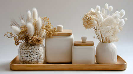 Ceramic containers with dried flowers in a wooden tray on a white backgroundの写真素材