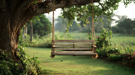 Wooden swing in the green garden with tree and sunlight background.の写真素材