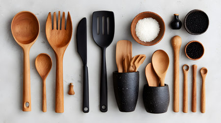 Kitchen utensils and wooden spoons on white background.の写真素材