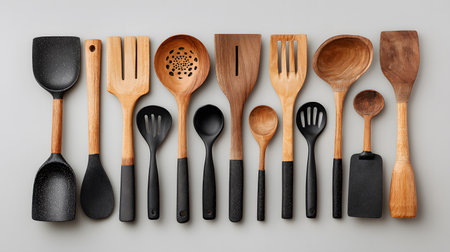 Set of wooden kitchen utensils on grey background. Top viewの写真素材