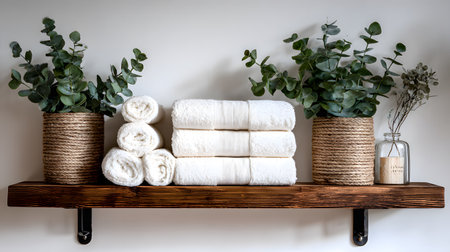 White towels on a shelf with eucalyptus branches.の写真素材