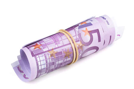 500 Euro rolled up on white backgroundの写真素材