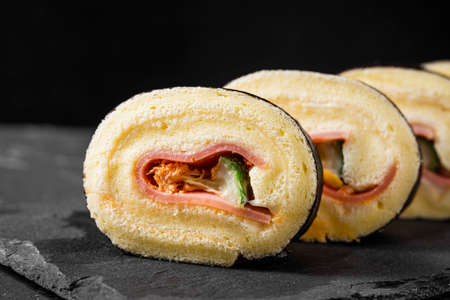 Sushi close-up high-definition photography on slateの写真素材