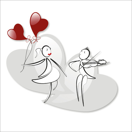 boy plays the violin, girl with red baloons, love and musicのイラスト素材