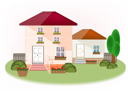 House exterior with trees, flowers, cute graphic modern house, vectorのイラスト素材