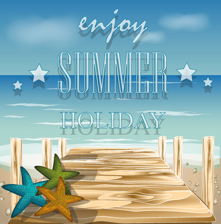 Wood bridge on the beach with shells, vectorのイラスト素材