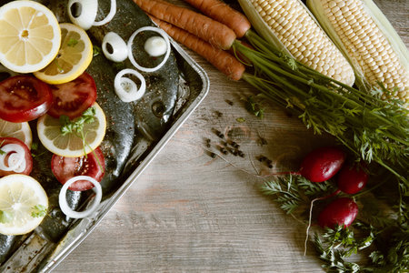 vegetables on a metal tray on a wooden background with space for textの写真素材