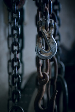 Old rusty chain links in the old prison. Selective focus.