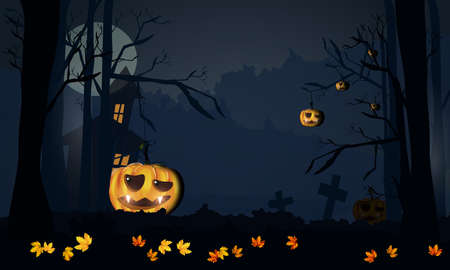 Halloween scary night background with dark house, pumpkins, flying bats and big moon.の写真素材