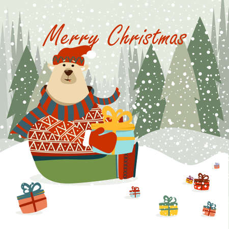 Christmas illustration with cute bear, Christmas presents and winter landscapeのイラスト素材