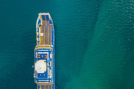 To pview of empty ferry boat, copy space.