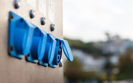 Close up three-phase socket for boats and yachts at the pier.の写真素材