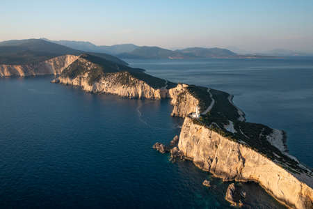 Aerial view at beautiful landscape with White lighthouse at the Greek island Lefkadaの写真素材