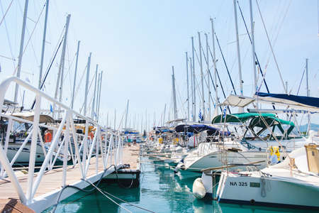 Low angle view of many sail yachts moored at the pierのeditorial素材