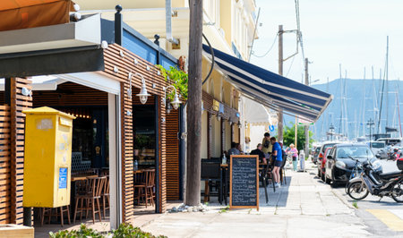 City center street of Lefkada with coffee shops and tavernsのeditorial素材