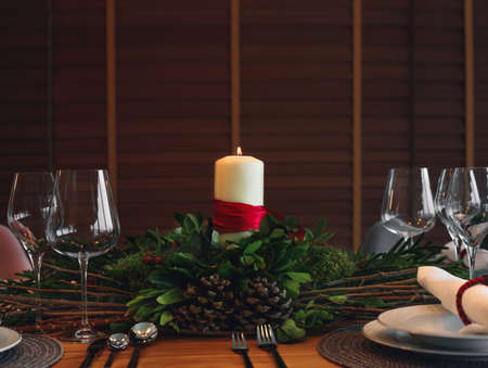 Beautiful table setting for Christmas dinner.の写真素材