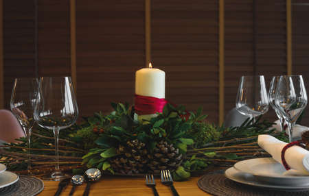 Beautiful table setting for Christmas dinner.の写真素材