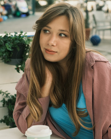 Woman in outdoor cafeの写真素材