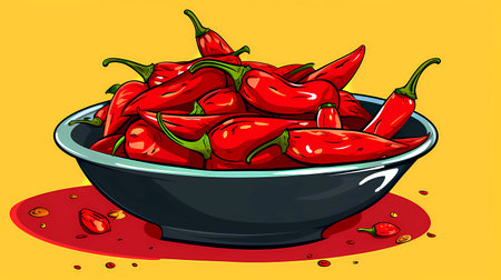 Red hot chili peppers in a bowl on yellow background. Vector illustrationの素材