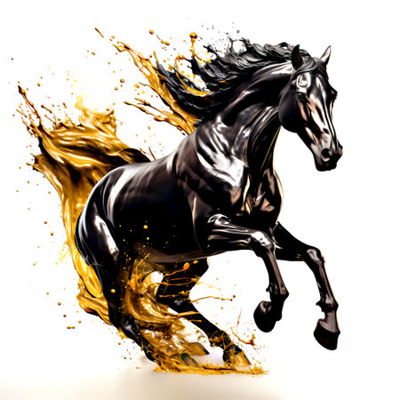Black horse with golden splashes on a white background. 3d renderingの素材