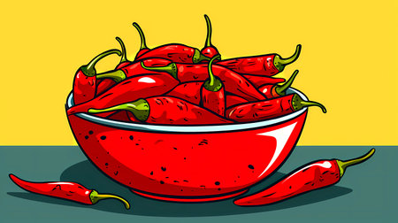 Red hot chili peppers in a bowl. Vector illustration for your designの素材