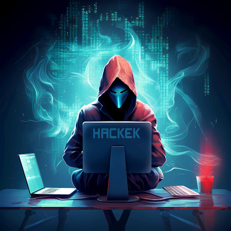 Hacker in front of computer with laptop and high tech background conceptの素材