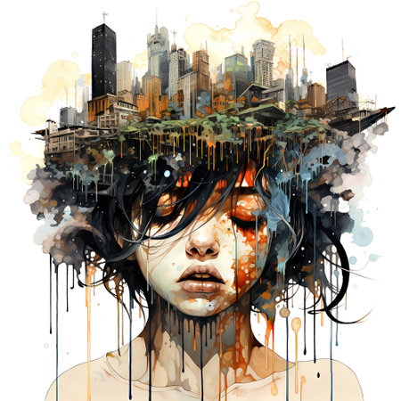 Double exposure portrait of a young woman with face painting and cityscapeの素材