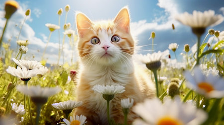 Cute red kitten sitting in daisy flowers meadow and looking upの素材