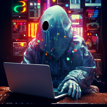 Hacker in a dark room with a computer. 3D renderingの素材