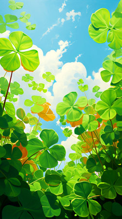 St. Patrick's Day background with clover leaves and blue skyの素材