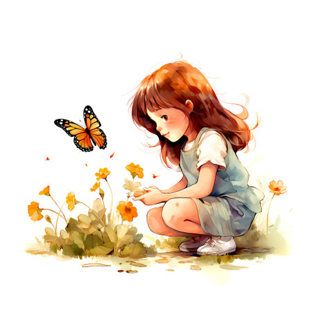 Little girl sitting on the grass and looking at butterfly. Vector illustrationの素材