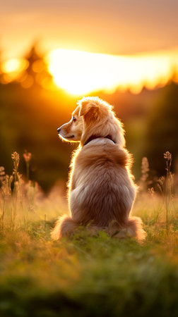 Golden Retriever sitting in the meadow and looking at the sunsetの素材
