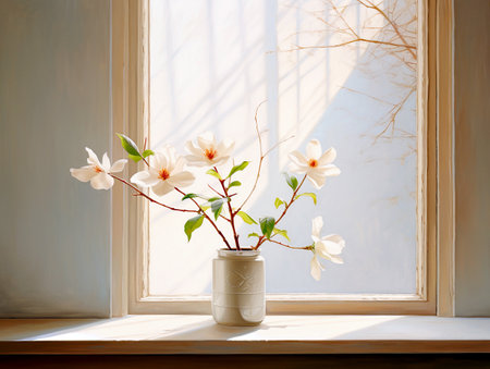 Magnolia flowers in a vase on the windowsill in the morningの素材