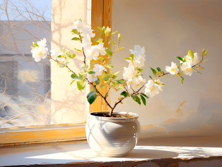 White jasmine flowers in a vase on the windowsillの素材