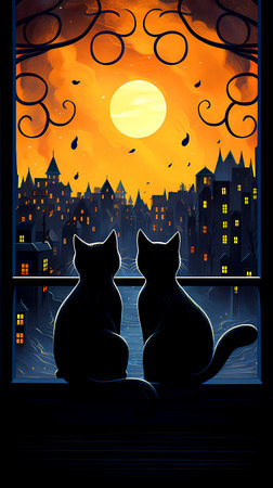 Cat and dog sitting on the windowsill at night. Vector illustration.の素材