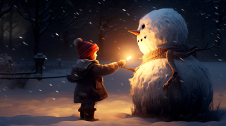Little boy making a snowman in the park at night with a flashlightの素材