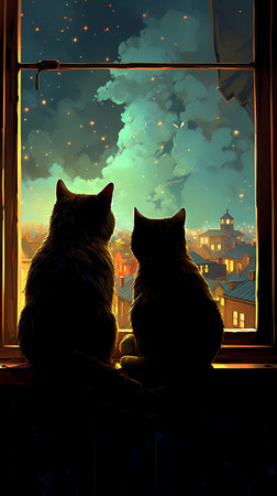 Two cats sitting on the window sill and looking at the night cityの素材