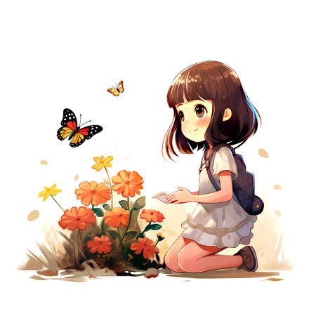 Cute little girl sitting on the ground with flowers and butterfly. Vector illustration.の素材