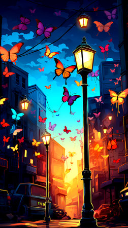 Illustration of a street in the city at night with many butterfliesの素材