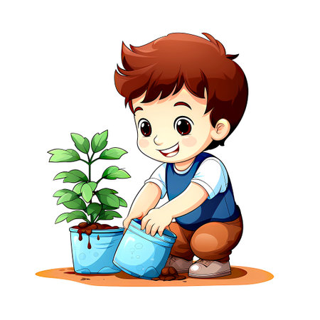 Vector illustration of Cute little boy planting a plant in a potの素材