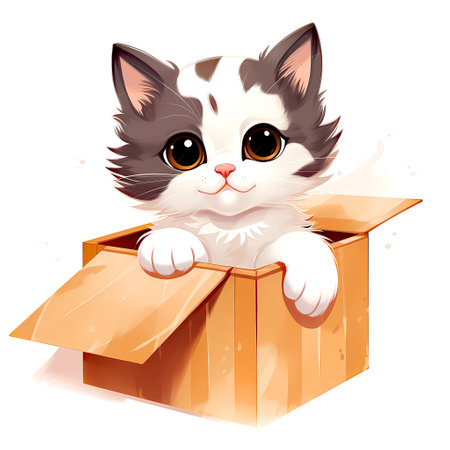 Cute little kitten in a box. Vector illustration isolated on white background.の素材