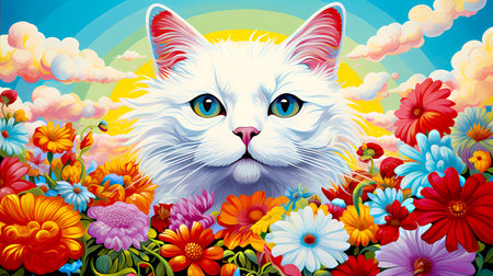 Cute white cat with blue eyes among flowers. Vector illustration.の素材