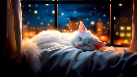 White cat sleeping on the bed in the evening at the window.の素材