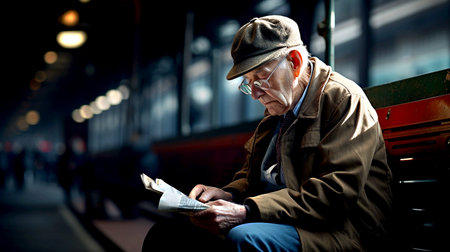 Senior man sitting on a bench at night and reading a newspaper.の素材