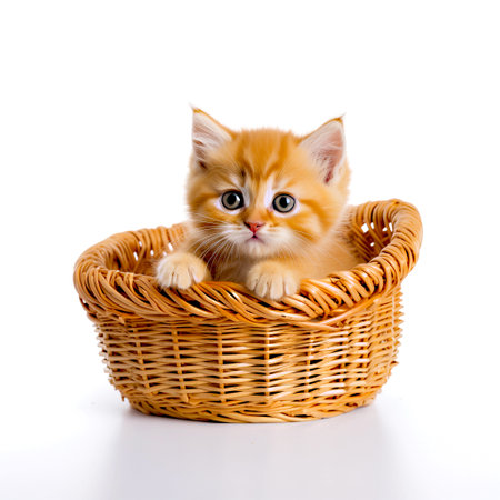 Cute little kitten in a basket isolated on white background. Studio shot.の素材