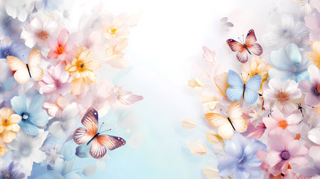 Beautiful spring background with blue and pink flowers and butterflies, tonedの素材