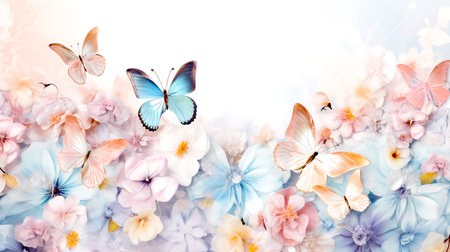 Floral background with butterflies and hydrangeas. Spring flowersの素材