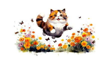 Cute cat on meadow with flowers. Watercolor illustration.の素材