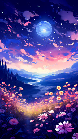 Fantasy landscape with flowers and full moon in the night sky.の素材