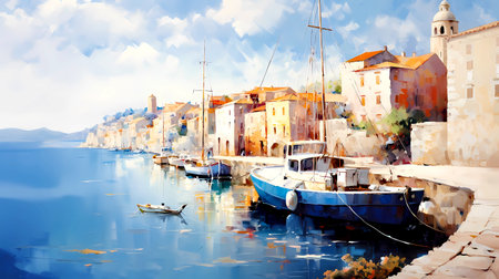 The old town of Rovinj, Croatia. Digital painting.の素材